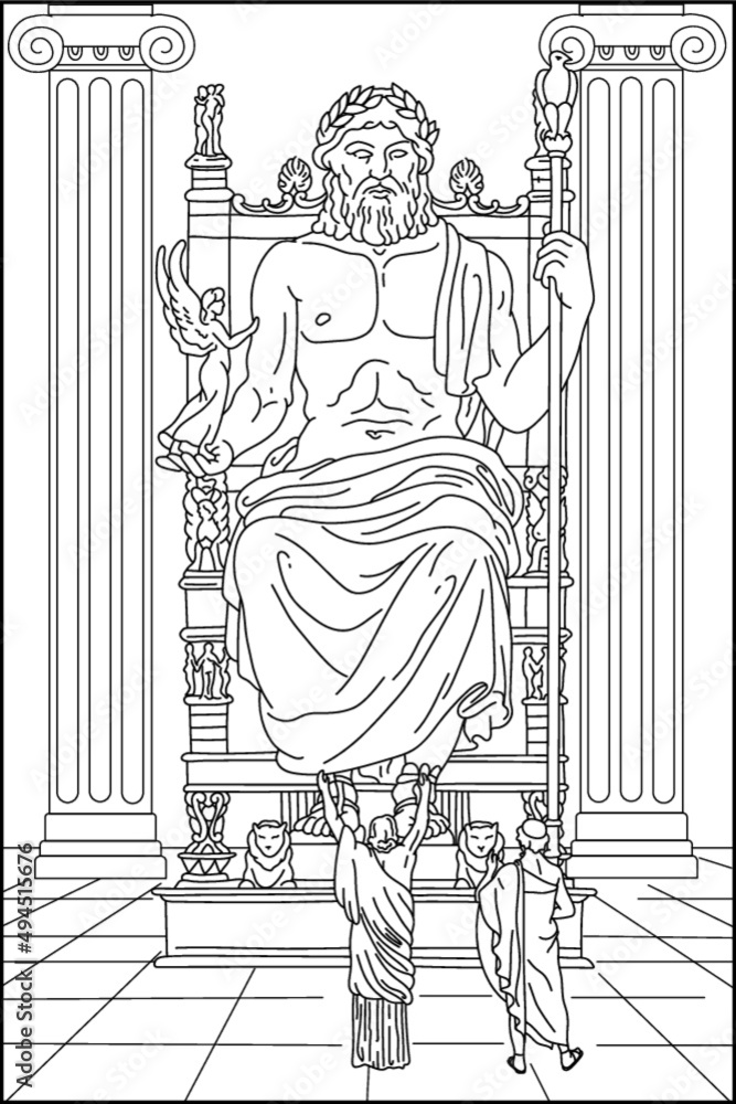 Coloring book for adults zeus on the throne greece god ancient world black and white vector illustration vector