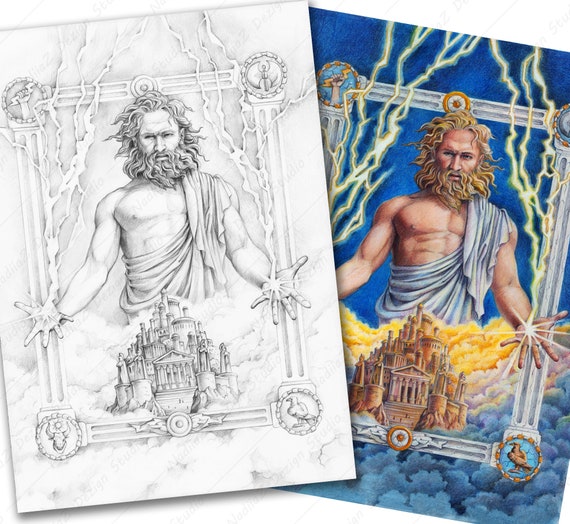 Adult coloring page of grayscale portrait of zeus pdf printable digital download