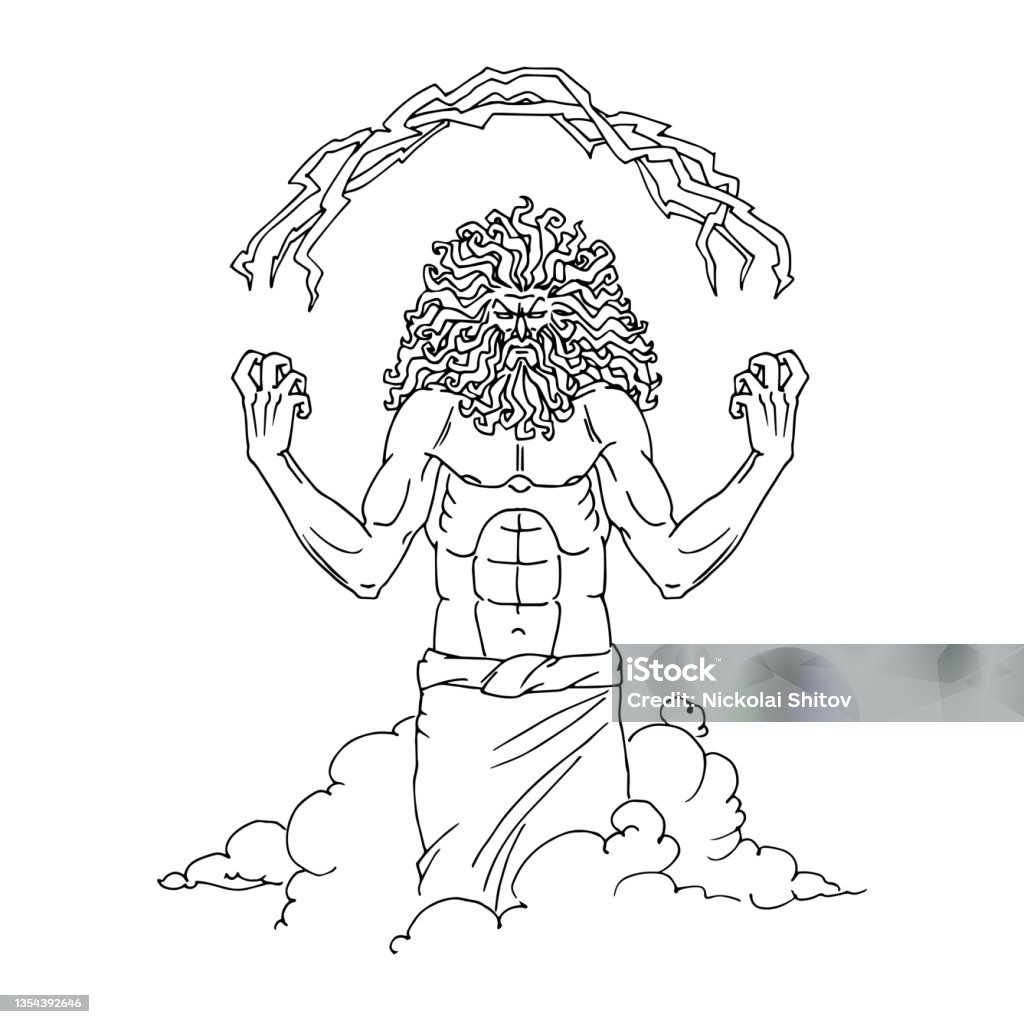 The main ancient greek god is zeus the lord of thunder and lightning black ink lines stock illustration