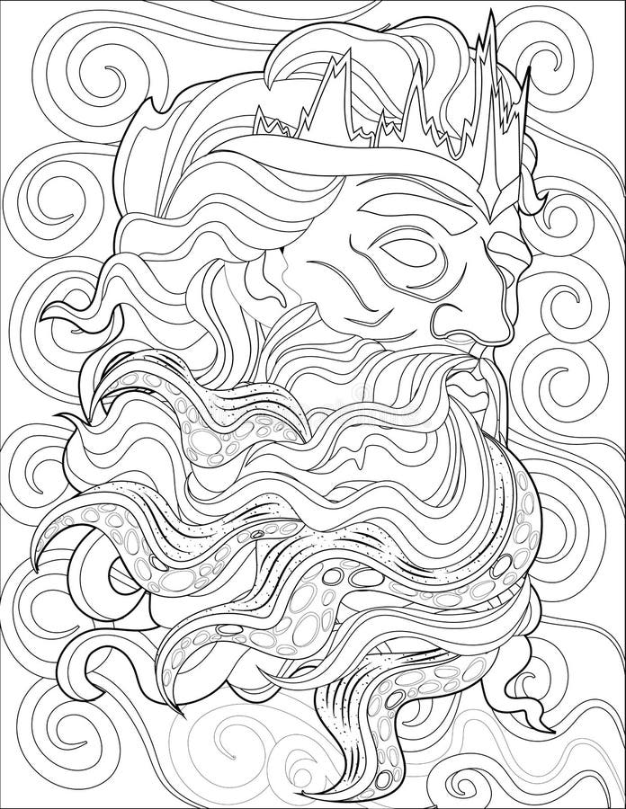 Greek god zeus head line drawing surrounded by strong winds watching beautiful view archetype of the sky face drawing stock vector