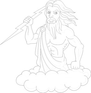 Cartoon zeus holding a thunderbolt coloring page