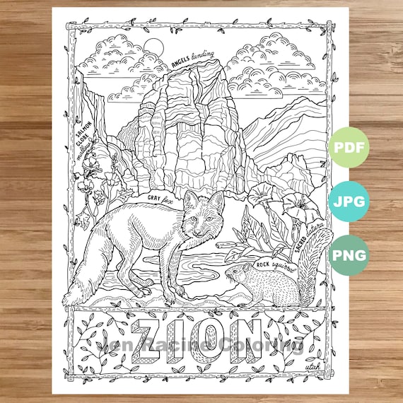 National park coloring page zion utah national park landscape animal plant wildflower coloring page printable