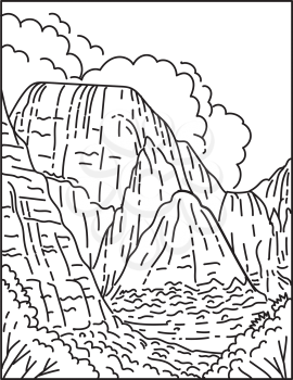 Mono line illustration of zion canyon in zion national park located in springdale utah united states of america done in retro black and white monoline line art style