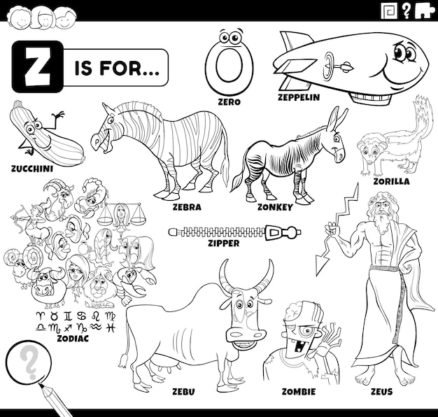 Premium vector letter z words educational cartoon set coloring page