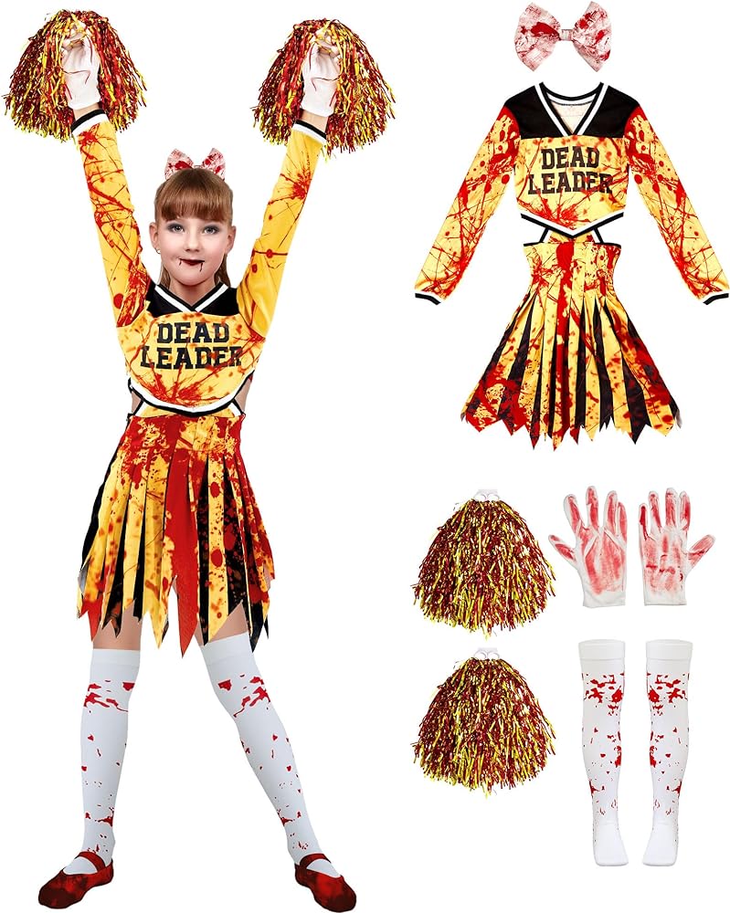 Toulite halloween zombie cheerleader costume for girls cheerless halloween costume socks gloves pompoms bow cosplay large clothing shoes jewelry