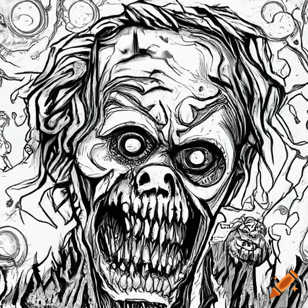 A zombie coloring page creepy black and white horror on