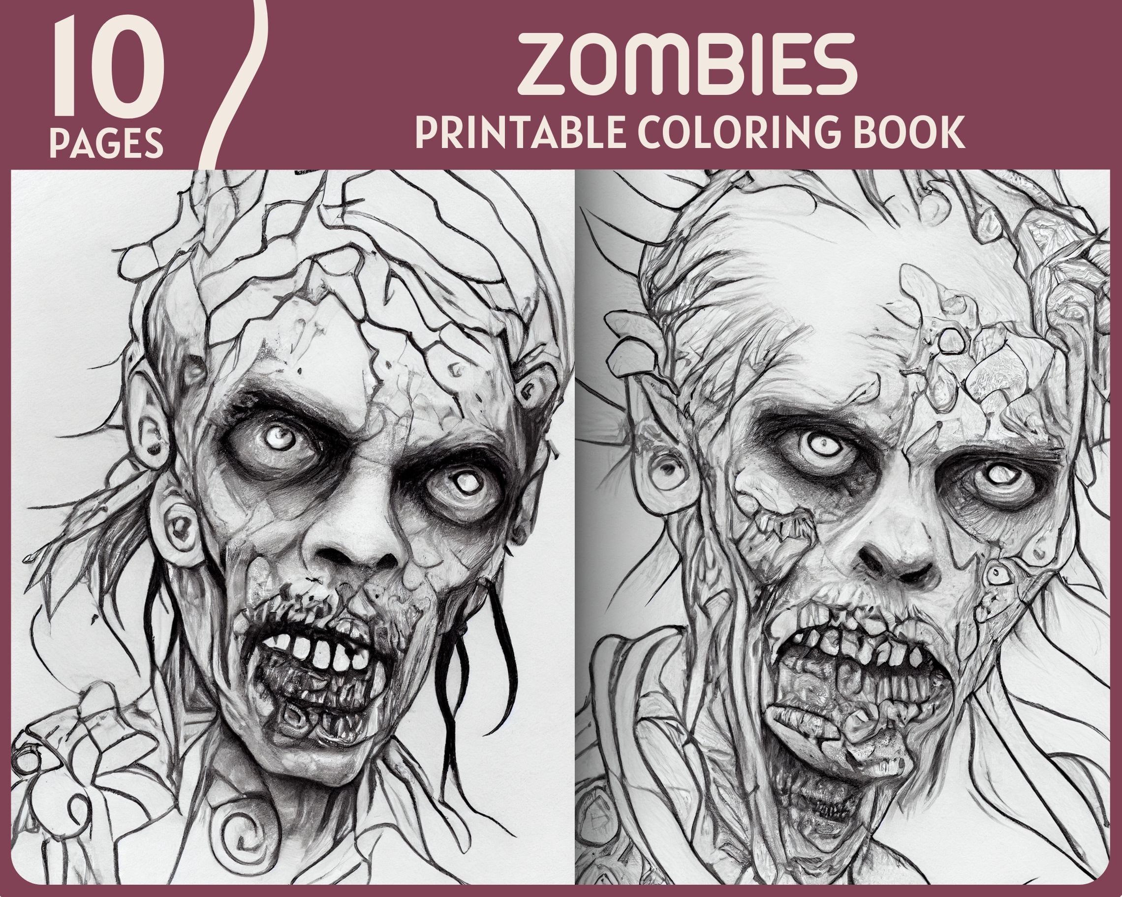 Zombies coloring pages for adults horror theme printable coloring book ugly zombie faces coloring page digital download