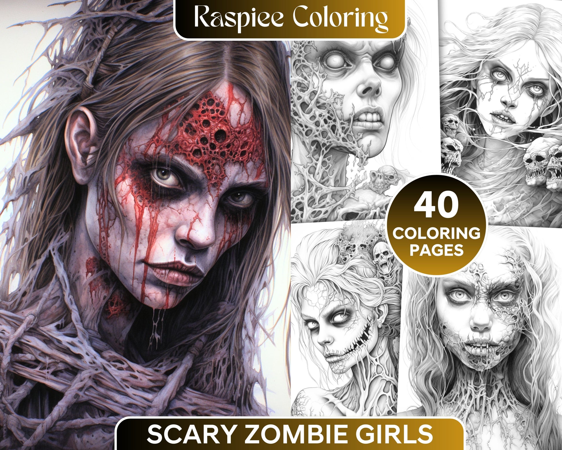 Scary zombie girls grayscale coloring pages printable for adults p â coloring