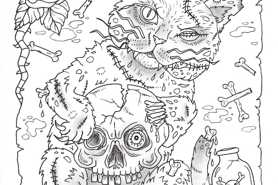 Zombie cat pdf digital coloring page halloween coloring fun
