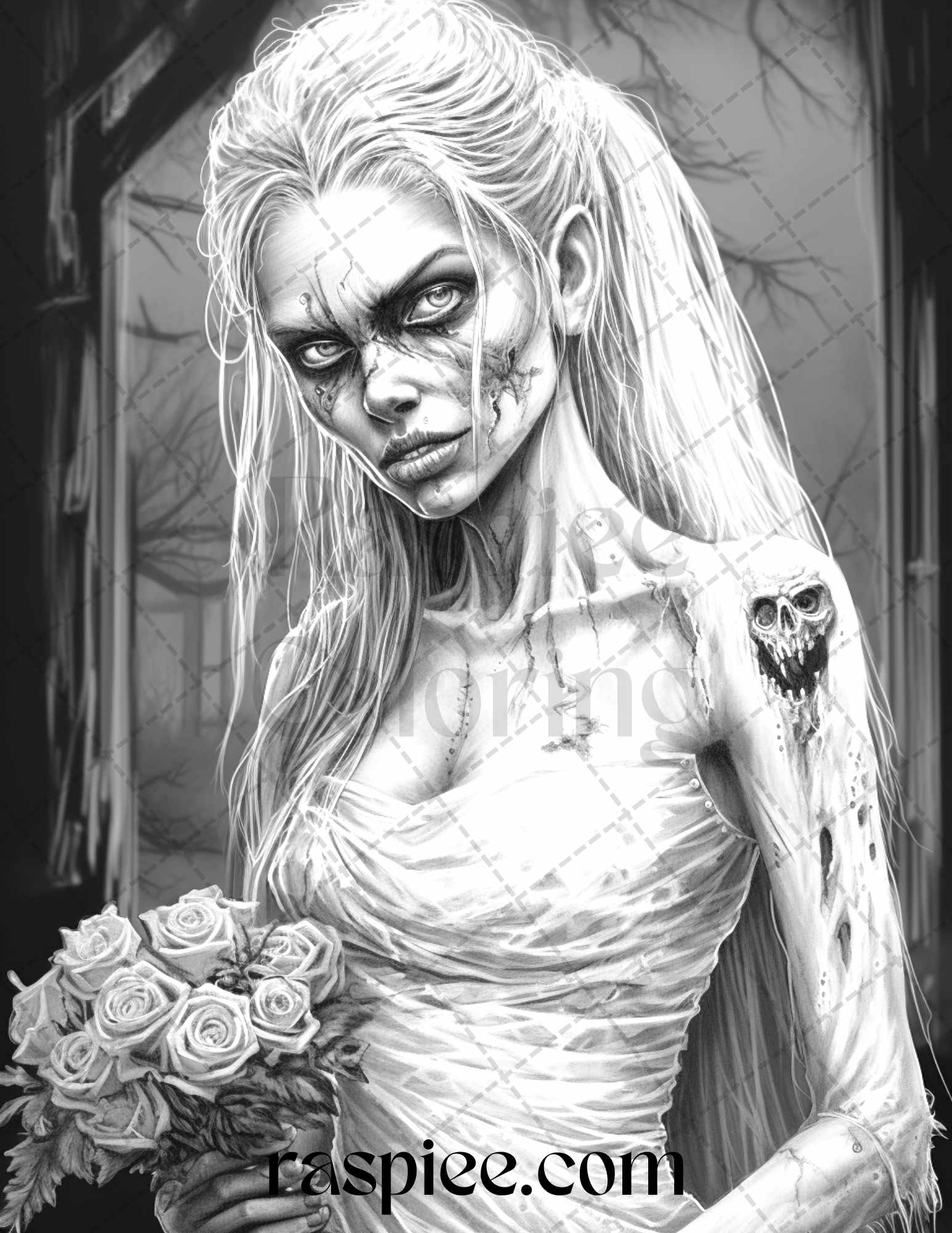 Zombie bride grayscale printable coloring pages for adults halloween â coloring