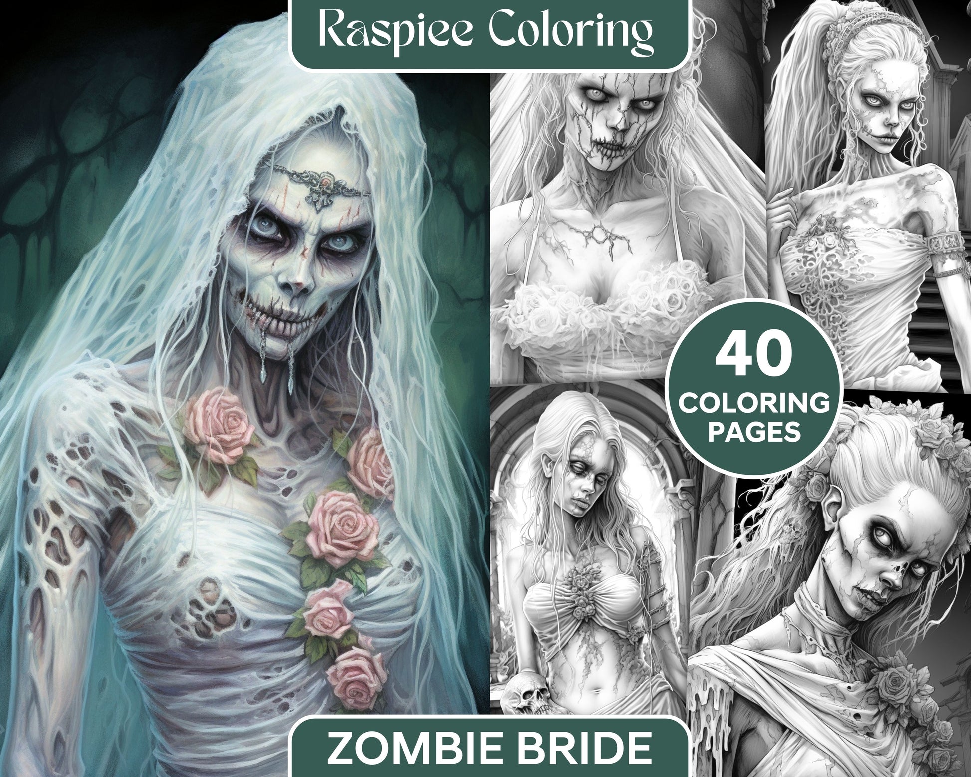 Zombie bride grayscale printable coloring pages for adults halloween â coloring