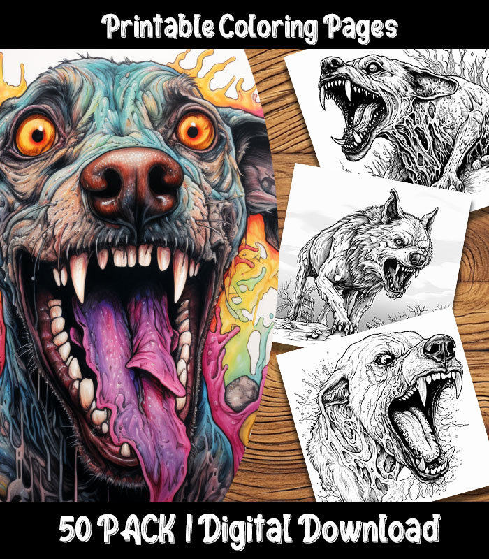 Zombie dog coloring pages digital pack