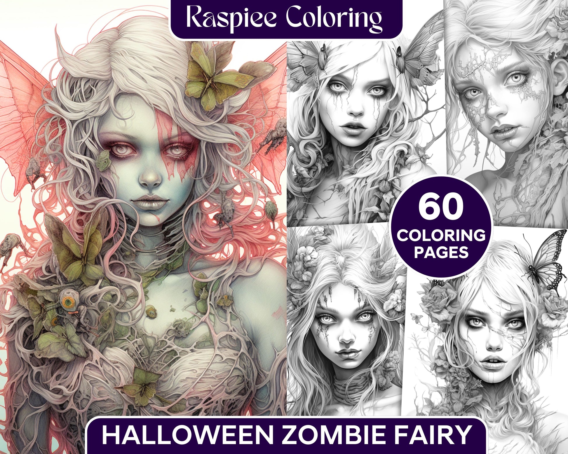 Halloween zombie fairy grayscale coloring pages printable for adult â coloring