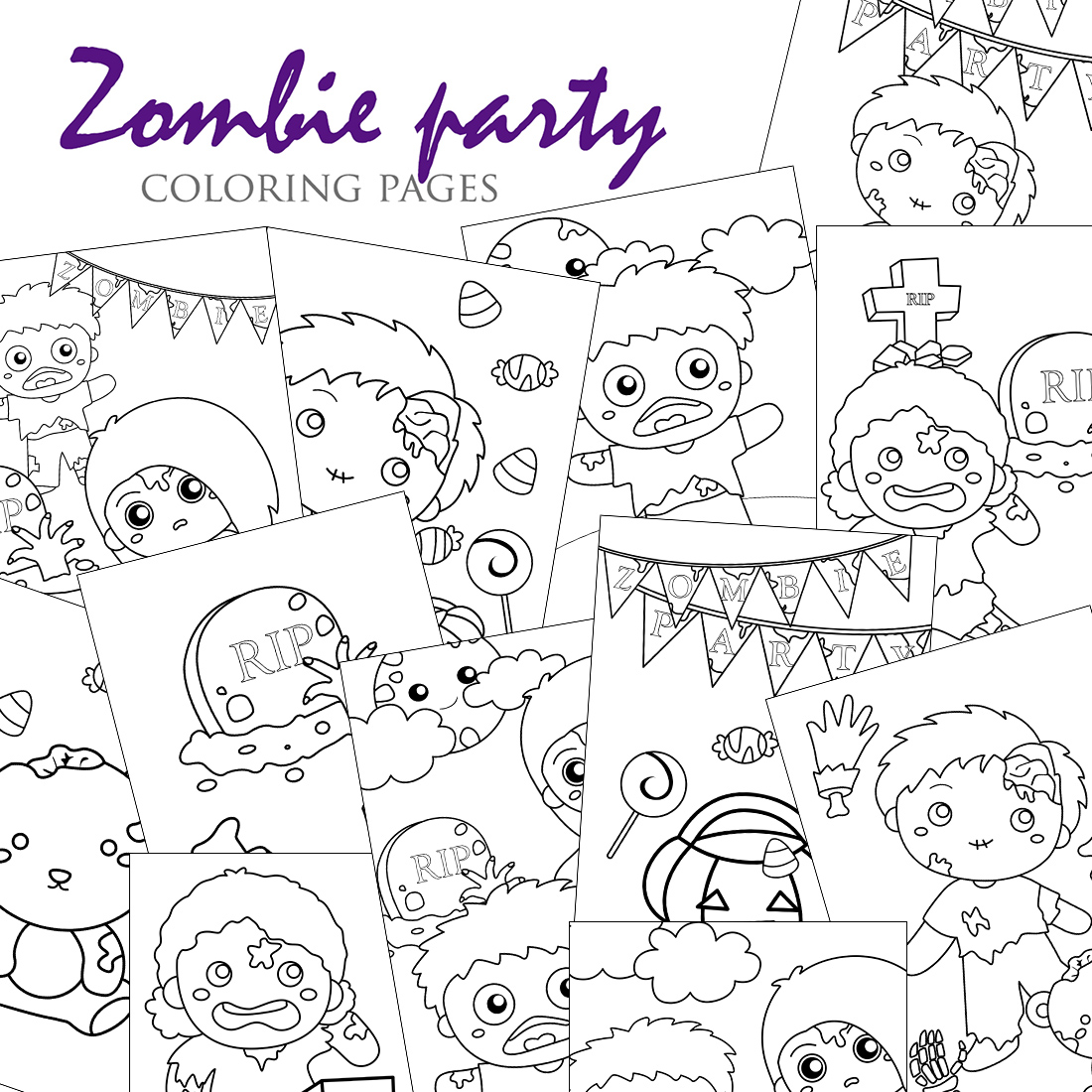 Kids halloween zombie party background decoration october event cartoon coloring pages for kids and adult activity