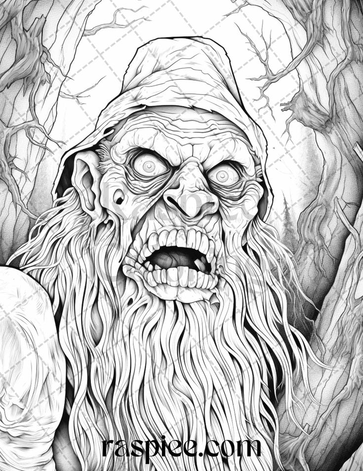 Horror zombie gnomes grayscale coloring pages printable for adults grayscale coloring creepy drawings halloween coloring pages