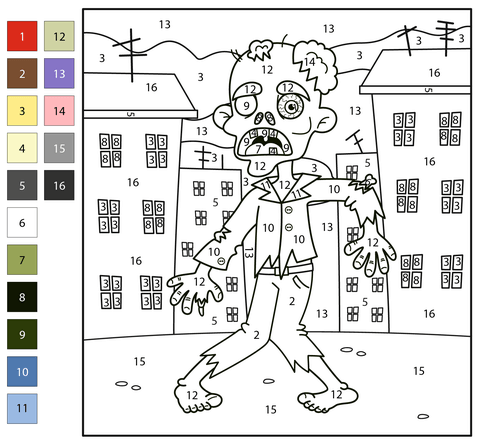 Zombie color by number free printable coloring pages