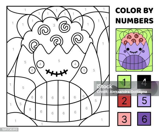 Zombie color by number squishmallow coloring page game for kids kawaii cartoon vector stock illustration