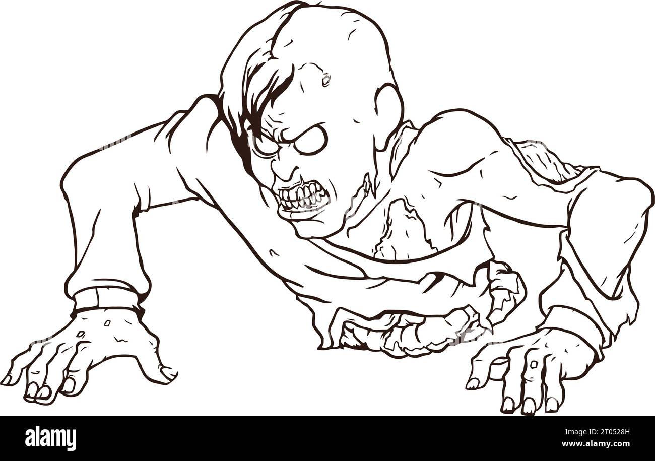 Zombie with no legs crawling coloring page for kids and adult stock photo