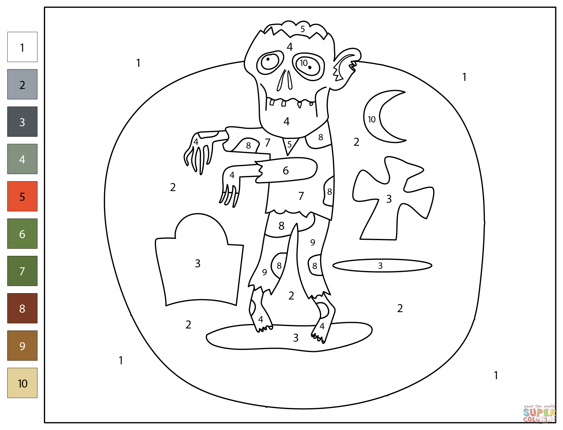 Zombie color by number coloring page free printable coloring pages