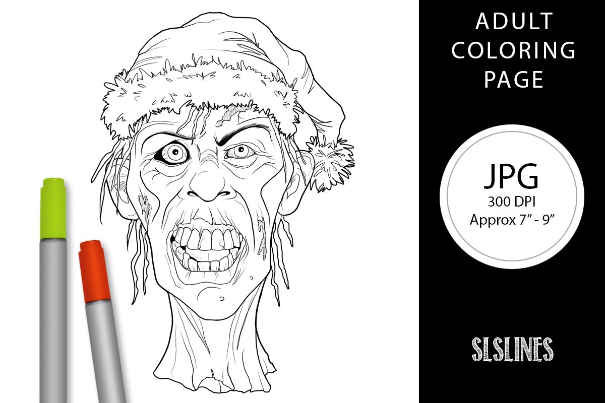 Ugly zombie head christmas adult coloring page