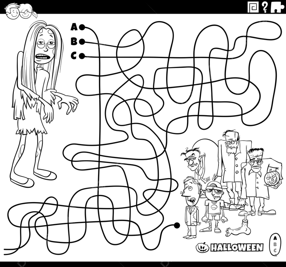 Black and white cartoon illustration of lines maze puzzle with ic zombie characters on halloween time coloring page template download on