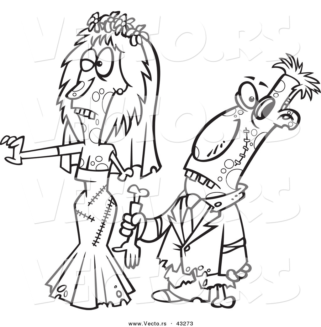 R of a scary cartoon zombie bride and groom walking together