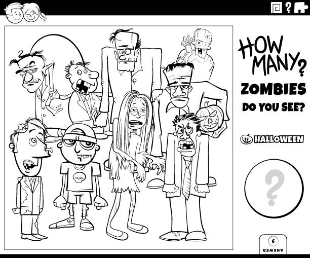 Counting cartoon zombies game coloring book page stock illustration