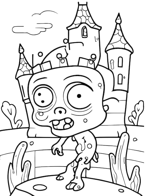 Premium vector magical halloween scene vector coloring book page featuring an adorable zombie and a haunted castle