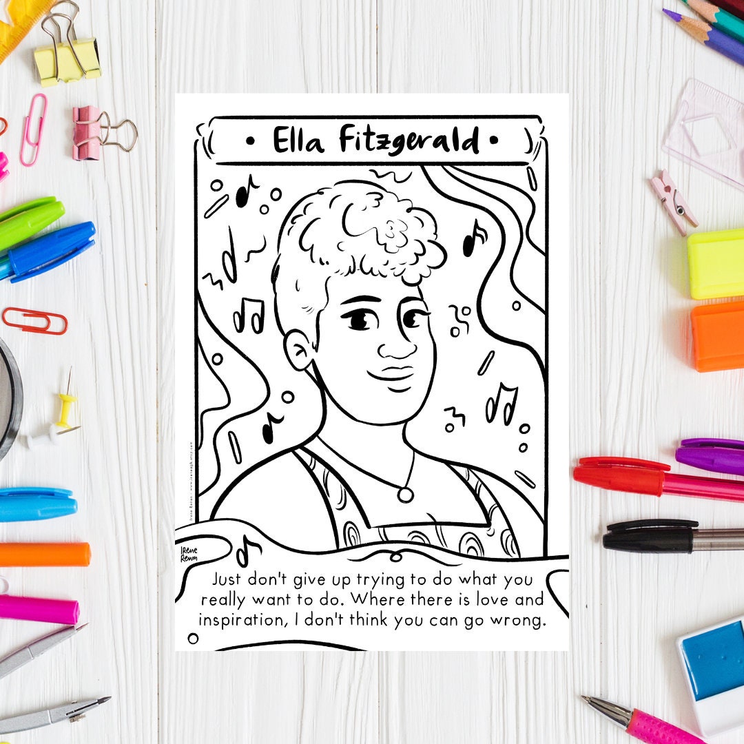 Black history month ella fitzgerald coloring page famous artist printable drawing women history month coloring sheet women in history print