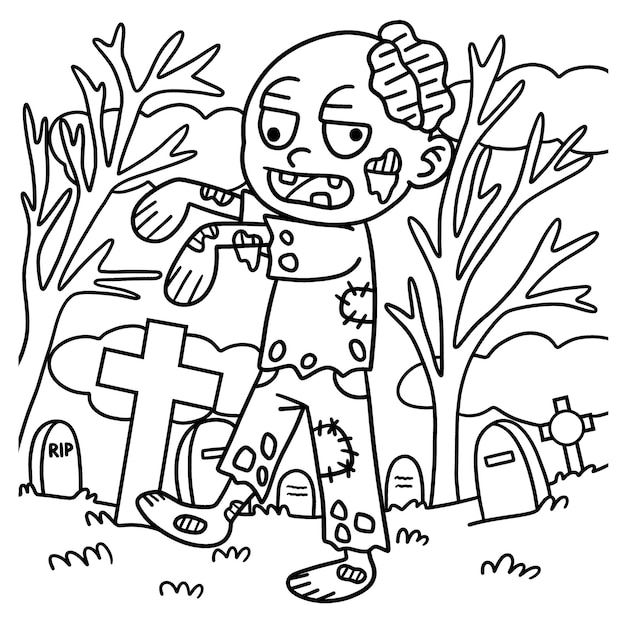 Premium vector zombie halloween coloring page for kids