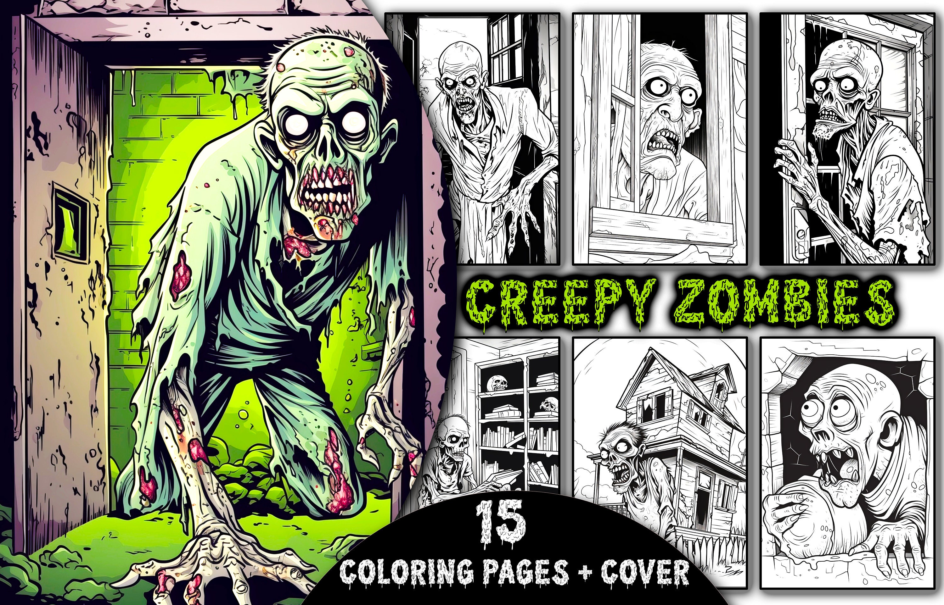 Creepy zombies coloring page scary horror grayscale