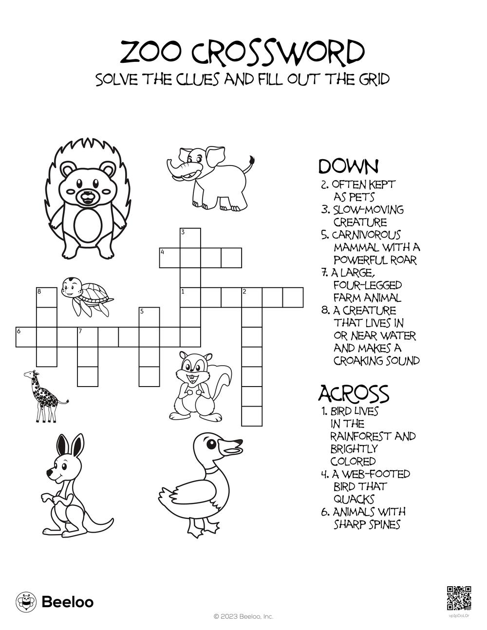 Zoo crossword â printable crafts and activities for kids