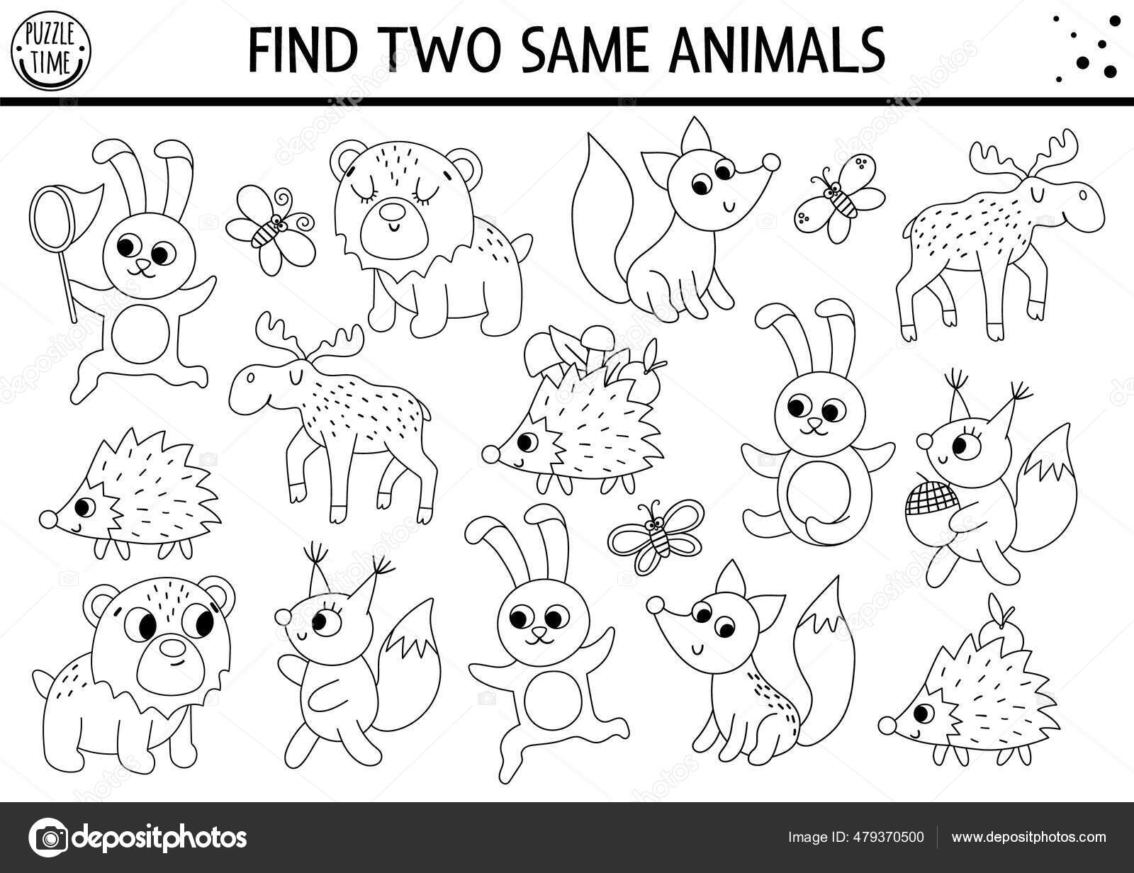 Find two same animals forest black white matching activity funny stock vector by lexiclaus