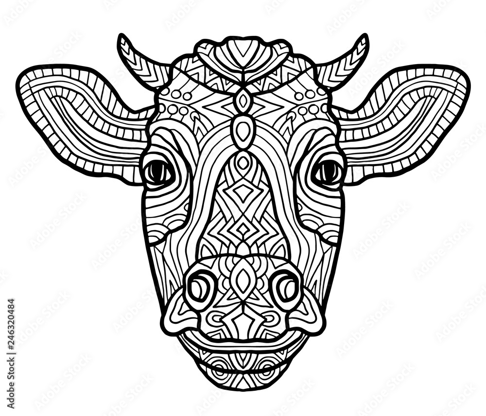 Adult coloring page cow zen art style zoo animal ethnic tribal african print suits as tattoo logo template decoration coloring book sketch collection of animals vector