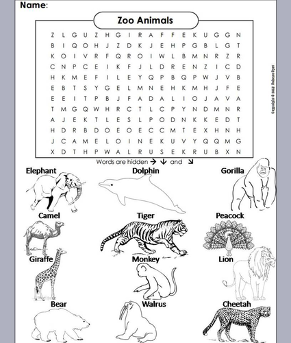 Zoo animals word search coloring book teaching resources