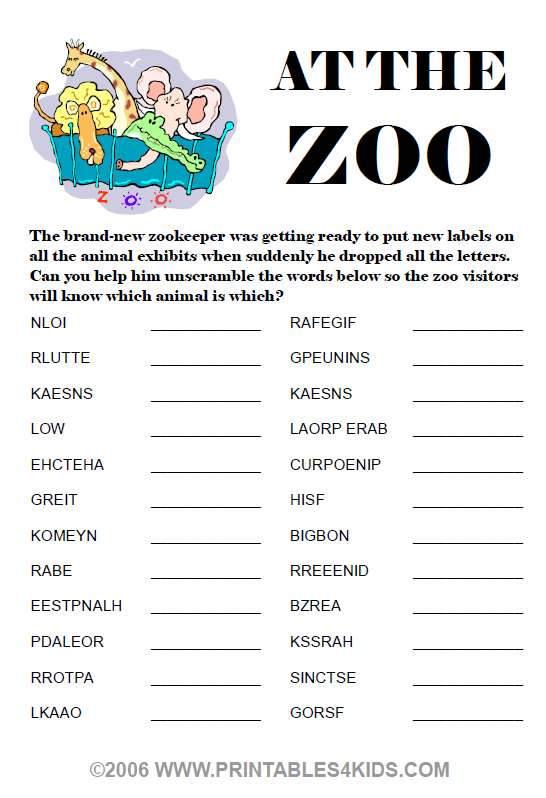 At the zoo word scramble â printables for kids â free word search puzzles coloring pages and other activities