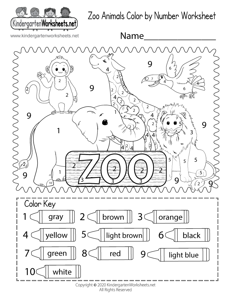 Zoo animals color by number worksheet