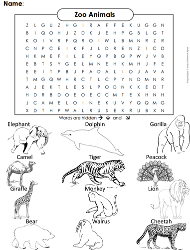 Zoo animals word search coloring book teaching resources