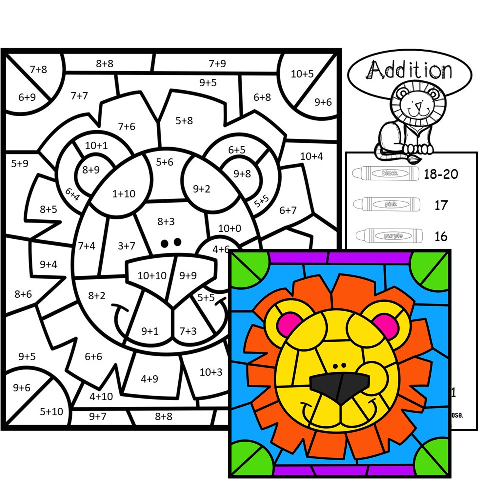 Color by number addition safari zoo animals theme made by teachers