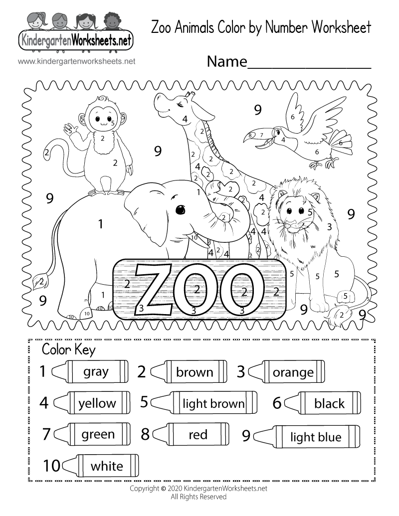 Free printable zoo animals color by number worksheet