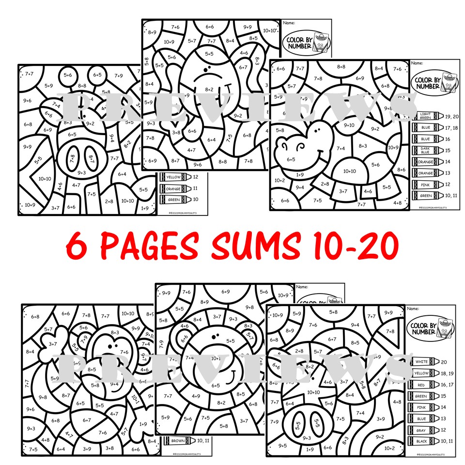 Zoo animals math coloring pages addition sums