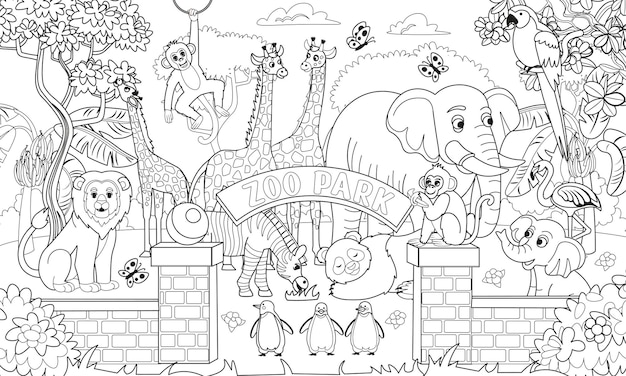 Premium vector big coloring book with zoo animals zoo animals set pandas giraffes elephants zebras elephants