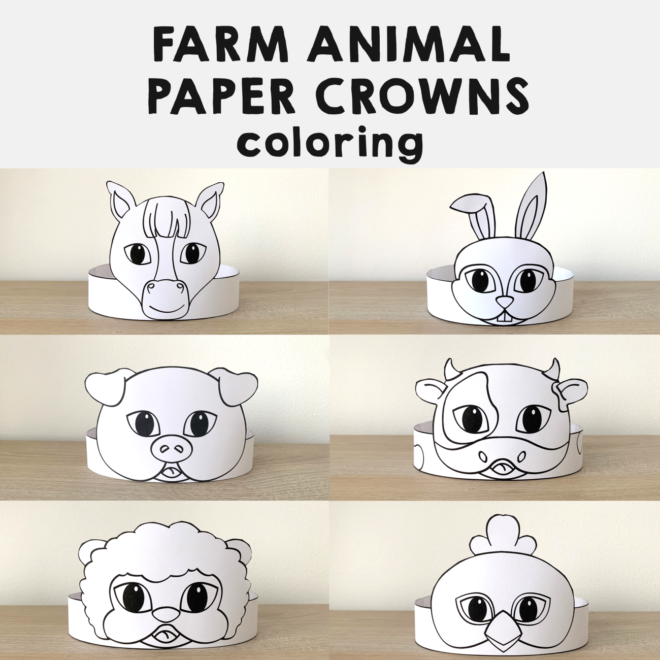 Farm animals paper crowns printable coloring craft activity made by teachers