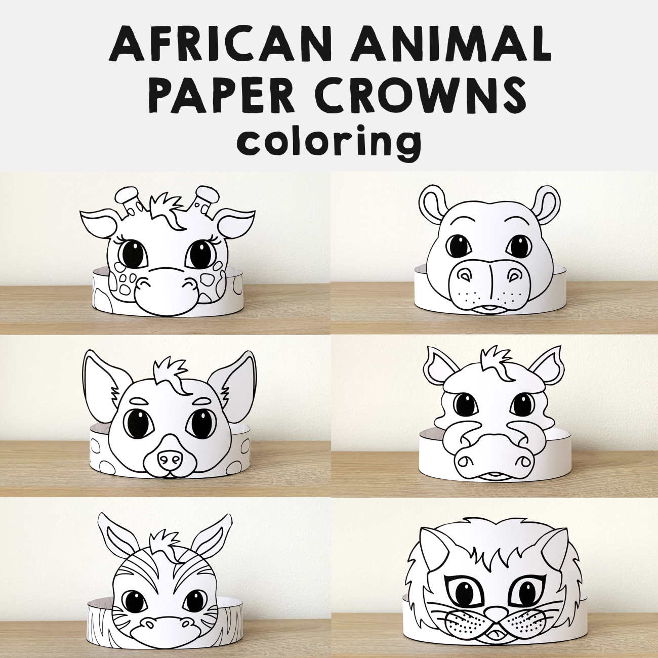 African animals paper crowns printable coloring craft activity made by teachers