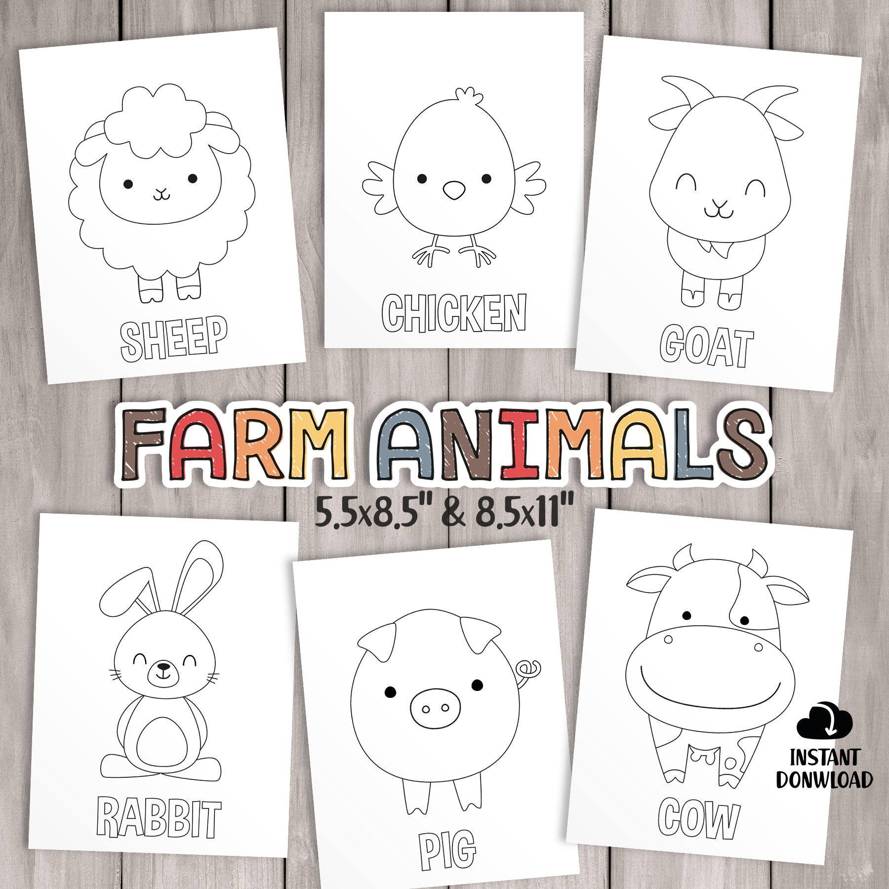 Printable farm animals coloring pages kids party games birthday favor animal coloring sheet baby shower activities school teacher games