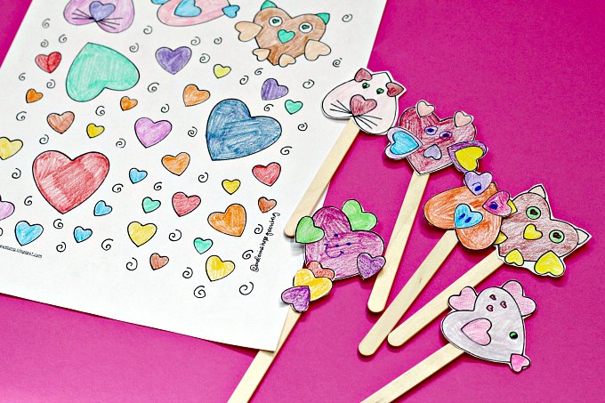 Heart animals coloring page and stick puppet craft