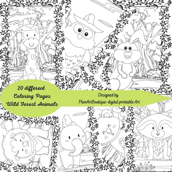 Coloring book pages wild forest animals printable digital