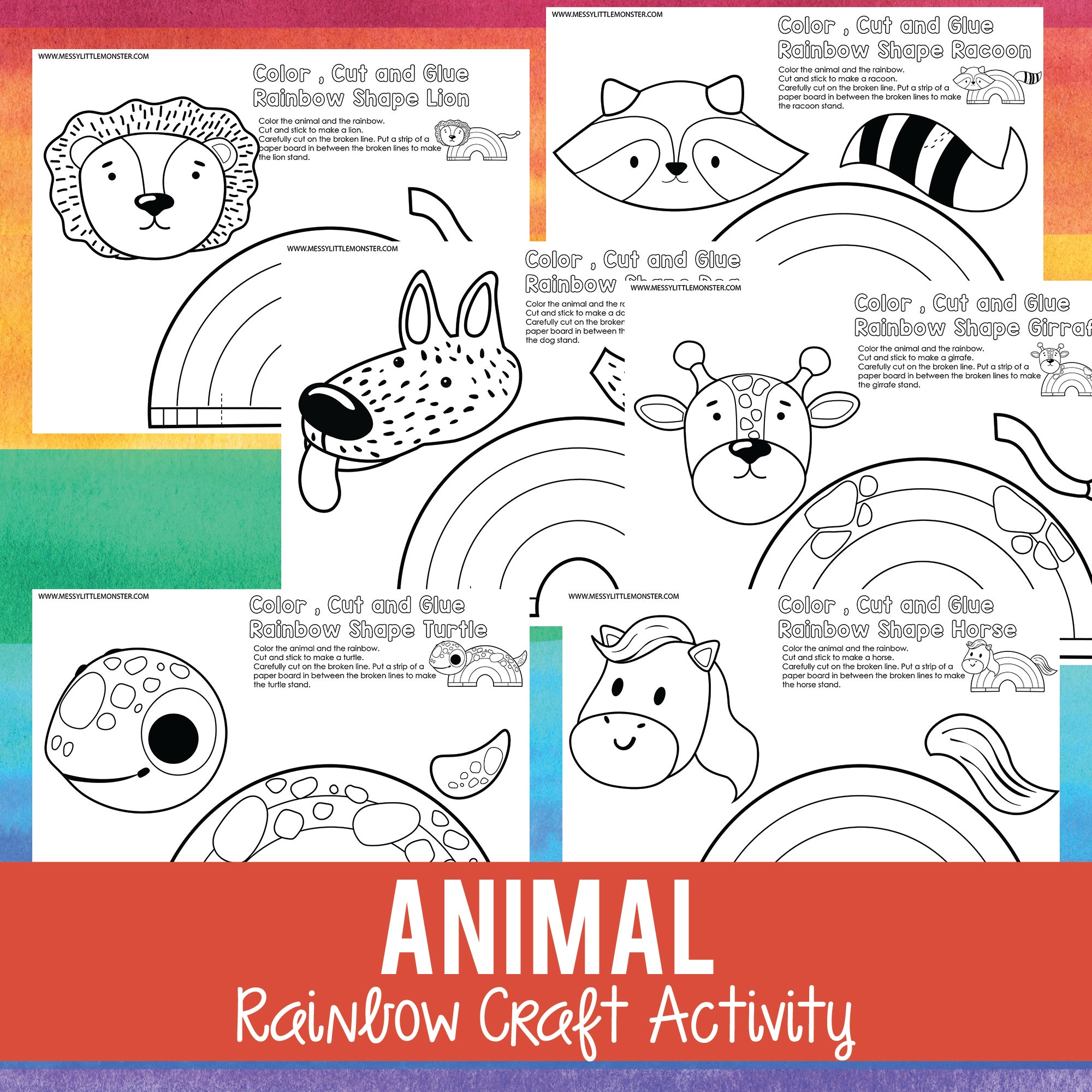 Rainbow animals color cut and glue activity â messy little monster shop