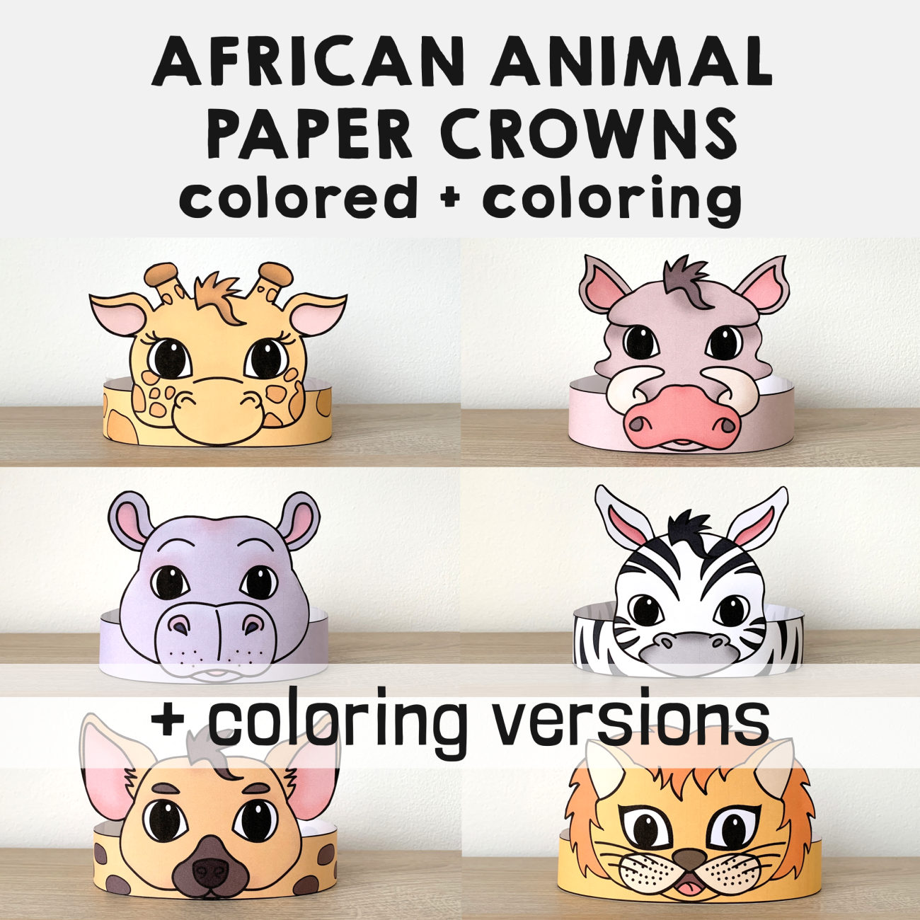 African animals paper crowns printable coloring craft activity made by teachers