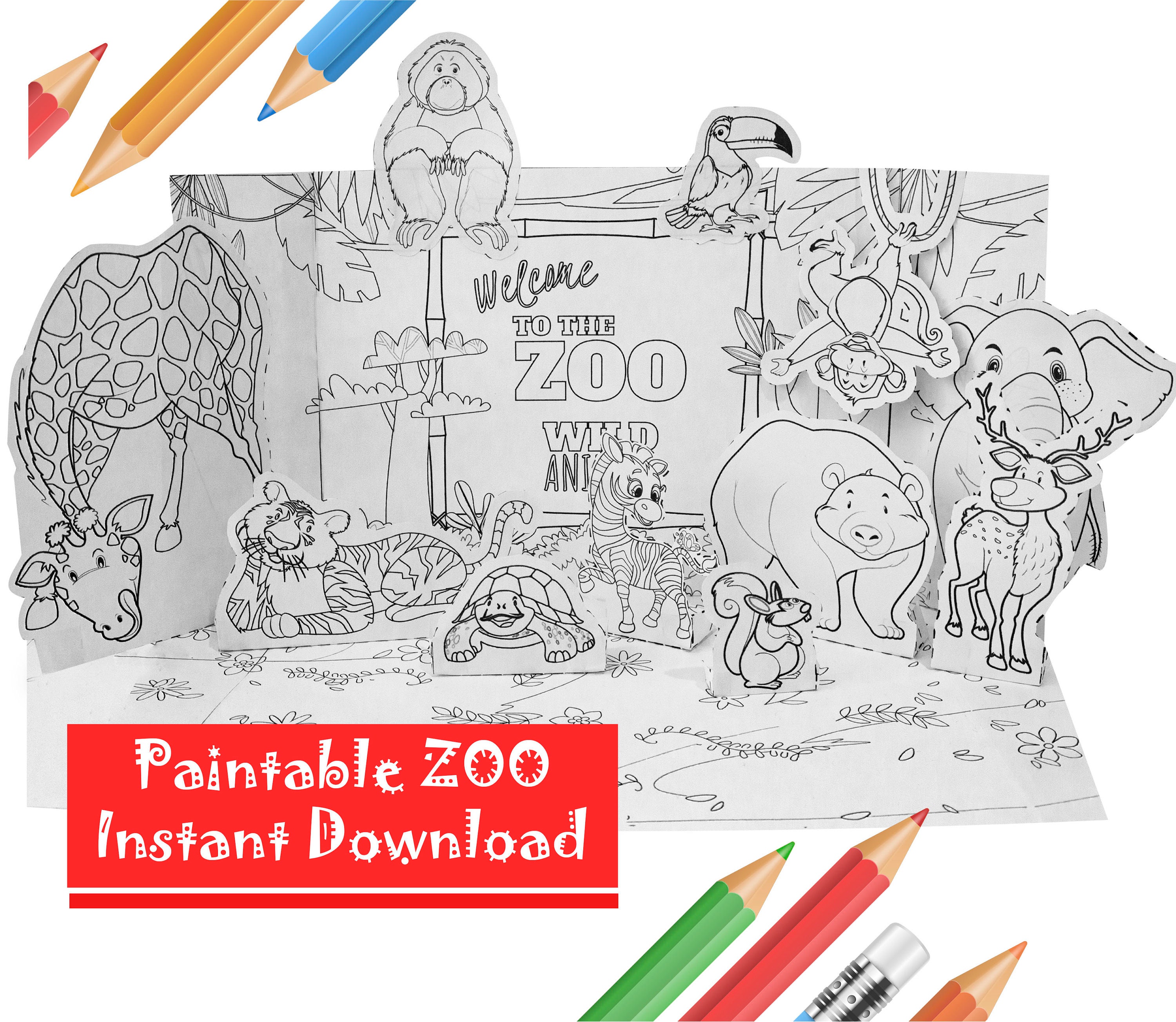 Printable coloring d zoo with safari animals paper craft for kid paintable zoo animal wild jungle animals pdf instant download